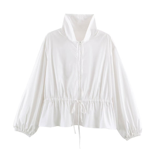 Damen Leichte taillierbare Windjacke mit Stehkragen, Tunnelzug und Ballonärmeln Shop Nory