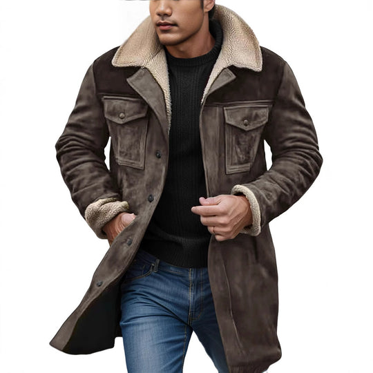 Herren Langer Veloursledermantel mit Teddyfutter und Pattentaschen Shop Nory