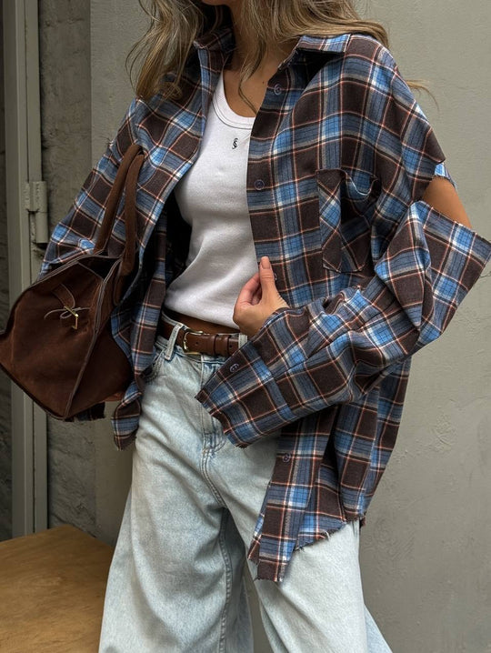 Damen karierte Oversize-Hemdjacke mit Cut-Out-Ärmeln und rohem Saum Shop Nory