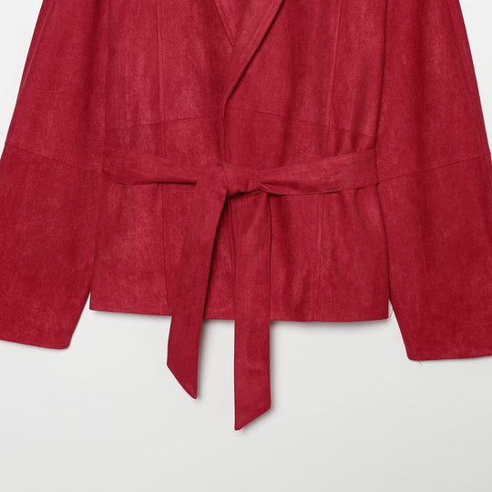 Damen Cropped Jacke im Kimono-Stil aus Veloursoptik mit Schalkragen und Bindegürtel Shop Nory