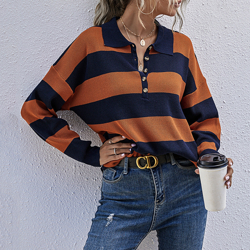 Damen Eleganter Pullover mit Polo-Kragen und Streifen Shop Nory