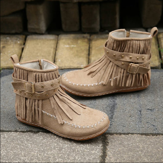 Damen Mokassin-Shortboots mit Fransen, Ziergürtel und handgenähter Mokassinnaht Shop Nory