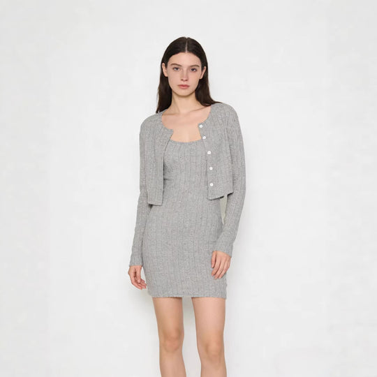 Damen Geripptes Strick-Kleid mit passendem Kurzcardigan Shop Nory