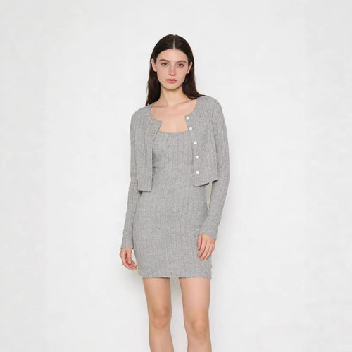 Damen Geripptes Strick-Kleid mit passendem Kurzcardigan Shop Nory