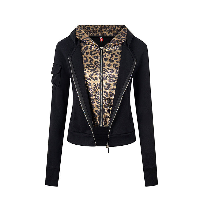 Damen Lagenlook-Zip-Hoodie mit metallischem Leoparden-Innenfutter und schmaler Silhouette Shop Nory