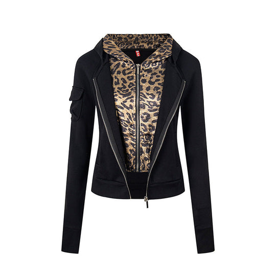 Damen Lagenlook-Zip-Hoodie mit metallischem Leoparden-Innenfutter und schmaler Silhouette Shop Nory