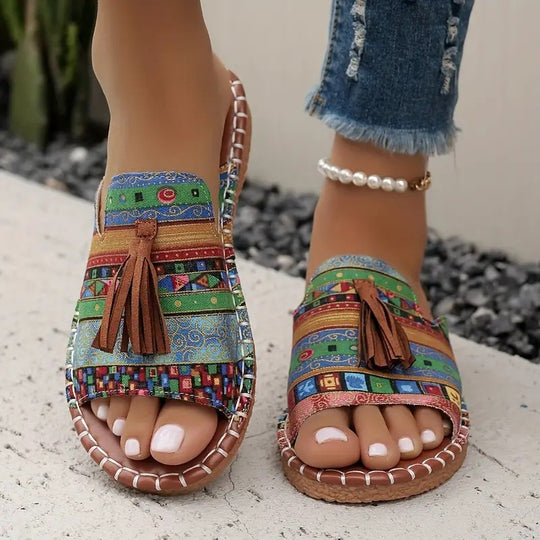 Damen Ethno-Slipper-Sandalen mit Quaste und handgenähter Ziernaht Shop Nory