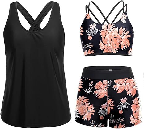 Damen Sportliches Tankini-Set mit floralem Oberteil und Shorts
