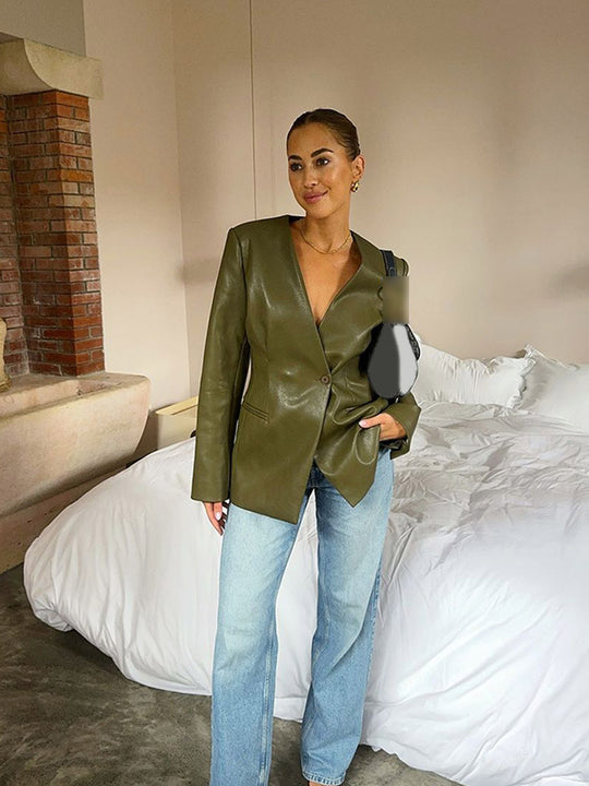 Damen Figurbetonter Lederimitat-Blazer mit einreihiger Knopfleiste und defined Shoulder Shop Nory