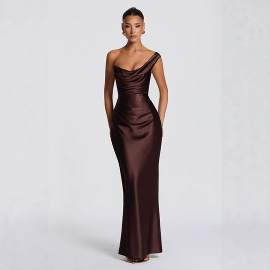 Damen Elegantes Satin Lang Abendkleid mit asymmetrischem Schnitt und figurschmeichelndem Design Shopnory