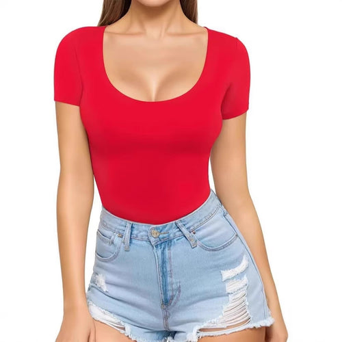 Damen figurbetontes Kurzarm-Body mit rundem Ausschnitt und nahtlosem Design