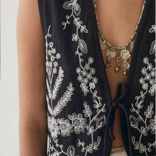 Damen elegante bestickte Weste mit offenem Schnitt und seitlichen Binde-Details