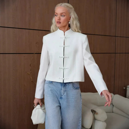 Damen Kurzblazer mit Mandarinkragen und dekorativen Knotenverschlüssen Shop Nory
