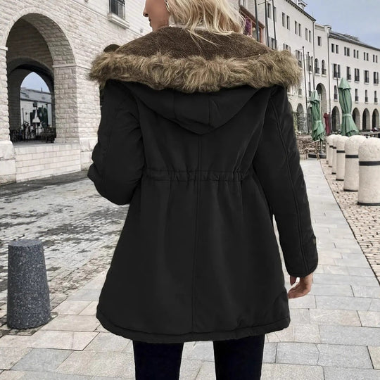 Damen taillierter Parka mit Teddyfutter, Kunstfellkapuze und Multifunktions-Taschen Shop Nory