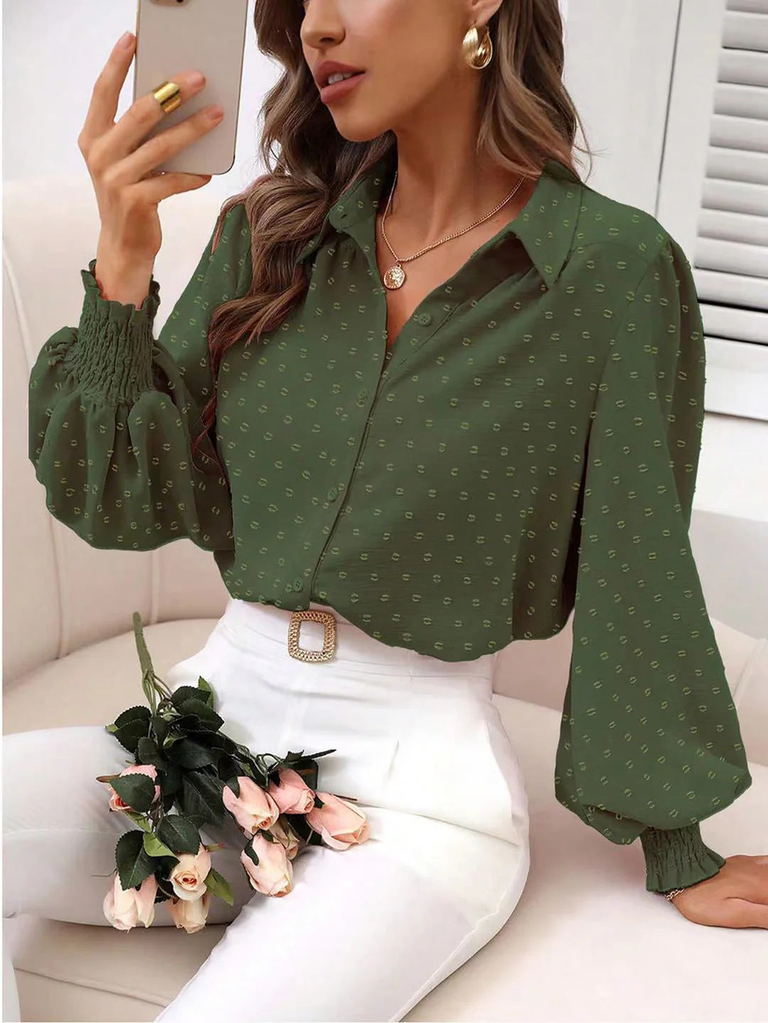 Damen Cropped-Bluse mit Struktur, Puffärmeln und Smokbündchen Shop Nory
