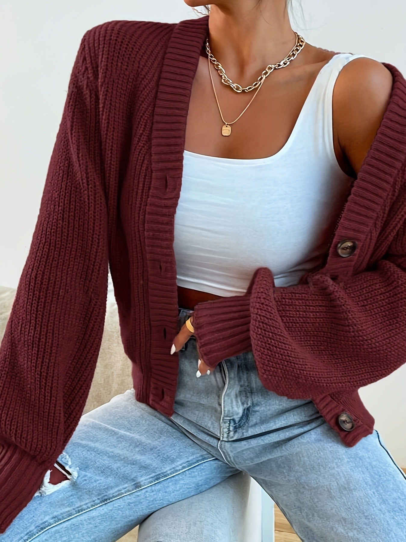 Damen bequeme Strickjacke mit schickem V-Ausschnitt