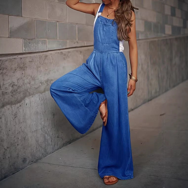 Damen Weite Denim-Latzhose im Palazzo-Schnitt mit verstellbaren Trägern Shop Nory