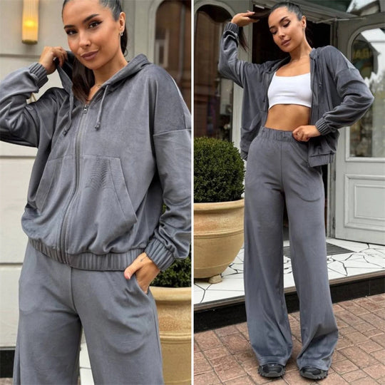 Damen Velours-Zip-Kapuzenjacke mit Marlene-Jogginghose Lounge-Set Shop Nory