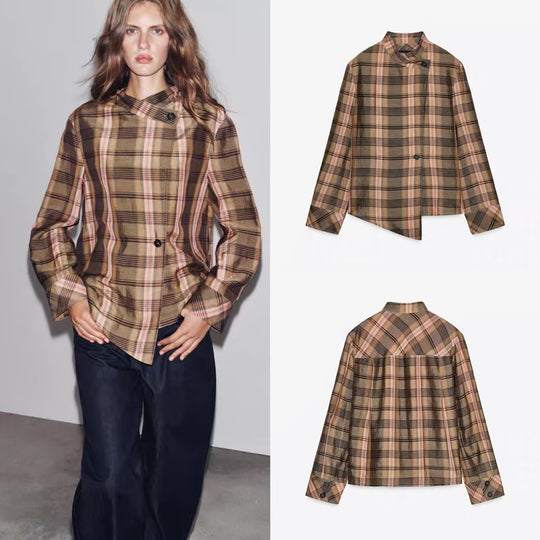Damen Asymmetrische Cape-Bluse im Karo-Muster mit Stehkragen und Knopfverschluss Shop Nory