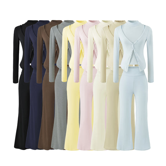 Damen Figurbetontes Layering-Set mit Rollkragen-Longsleeve und asymmetrischer Knopfjacke und ausgestellter High-Waist Hose Shop Nory