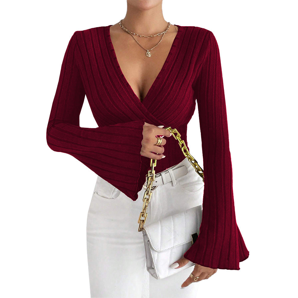 Damen gerippte Wickel-Strickbluse mit tiefem V-Ausschnitt und ausgestellten Glockenärmeln Shop Nory