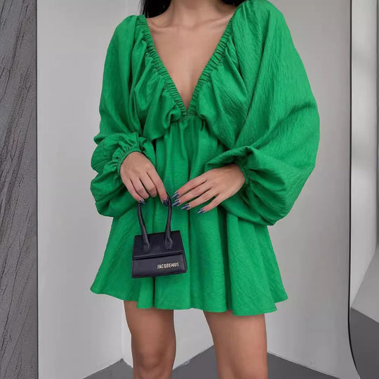 Damen Lockeres Minikleid mit tiefem V-Ausschnitt und Ballonärmeln Shop Nory