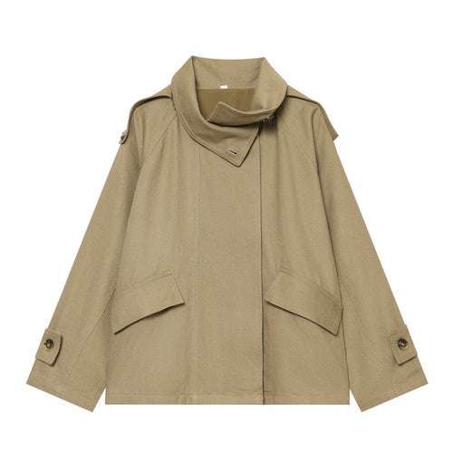 Damen Kurze Oversized Cape-Trenchjacke mit hohem Funnelkragen und Utility‑Pattentaschen Shop Nory