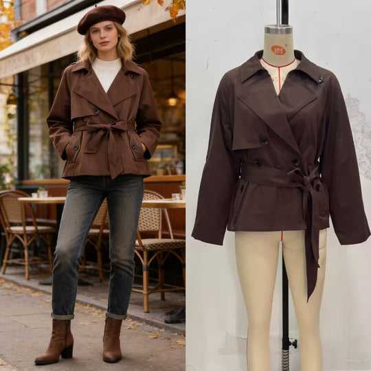 Damen Gekürzte Taillengürtel-Trenchjacke mit breitem Revers und Pattentaschen Shop Nory