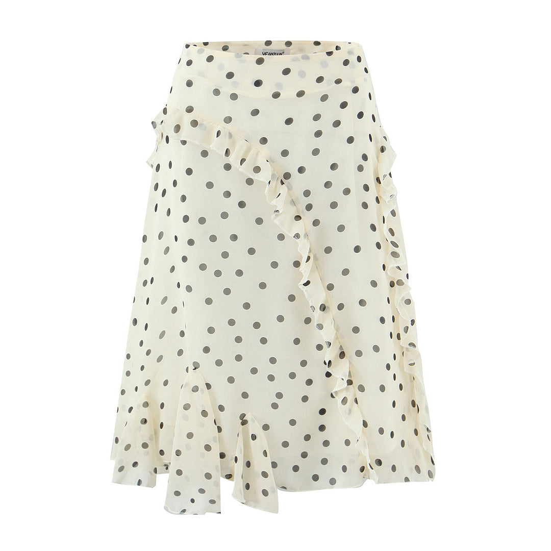 Damen Wickel-Midirock aus Chiffon mit Volants und Pünktchen-Design Shop Nory
