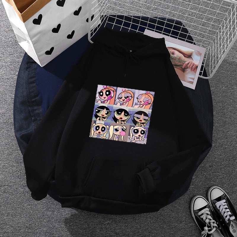 Damen nan lässiger Kapuzenpullover mit quadratischem Cartoon-Collageprint weiches Fleece Innenfutter und aufgesetzter Kängurutasche Shop Nory