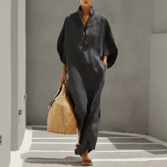 Damen Weites Kaftan-Midikleid mit Stehkragen und 3-Knopf-Blende Shop Nory