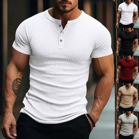 Herren nan eng anliegendes Kurzarm-Henleyshirt mit Rippenstruktur und kurzer Knopfleiste