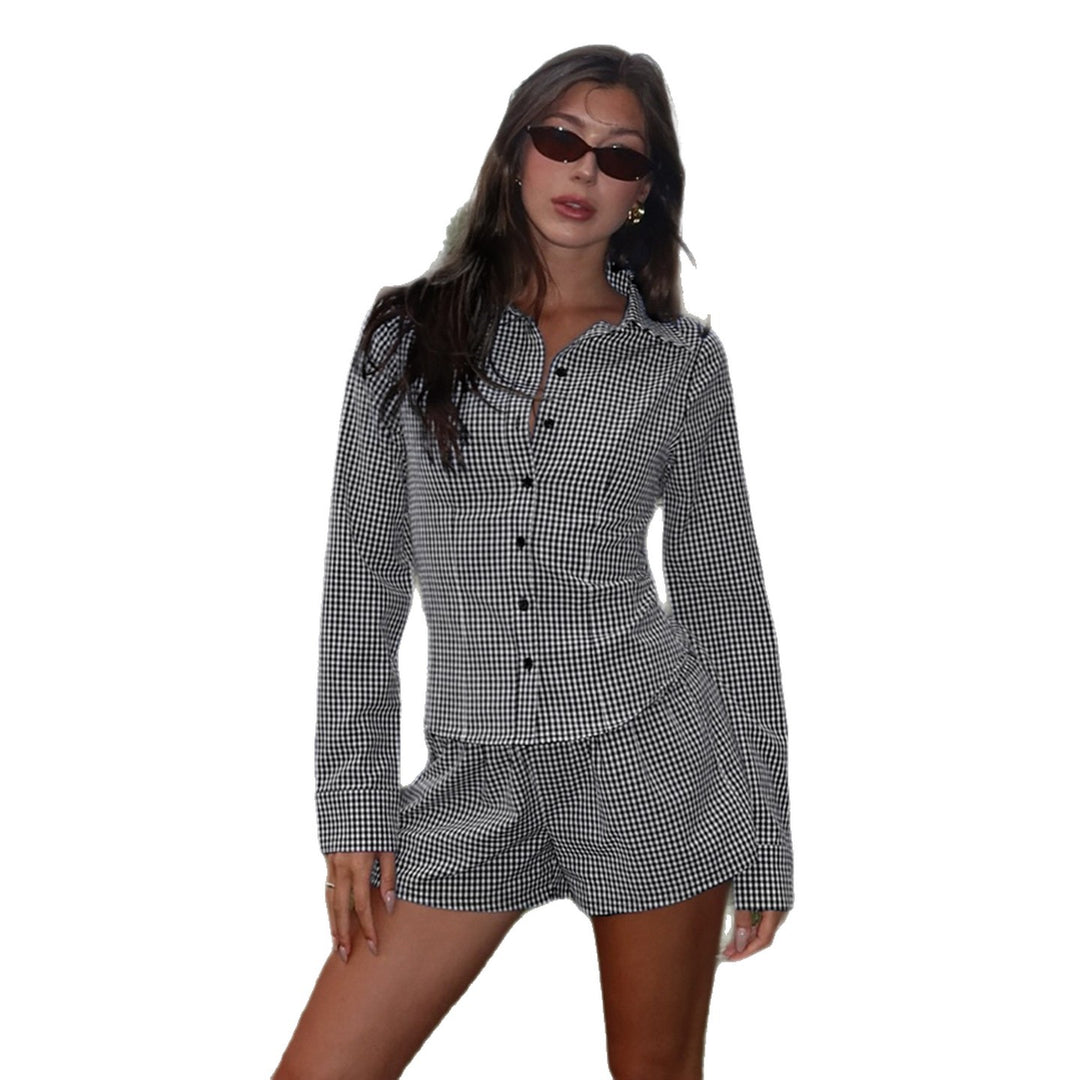 Damen nan zweiteiliges Vichy-Set aus taillierter Blusenjacke mit Wiener Nähten und Highwaist-Shorts Shop Nory