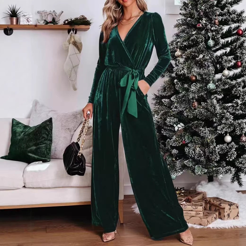 Damen Samt‑Jumpsuit mit Wickel‑V‑Ausschnitt, weitem Bein und Taillengürtel Shop Nory