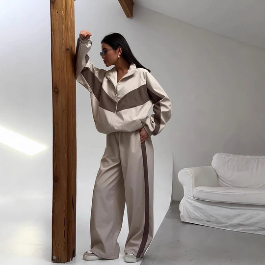 Damen sportives Zweiteiler-Set aus Oversize-Trackjacke mit Reißverschluss und weitem Bundfalten-Hose Shop Nory