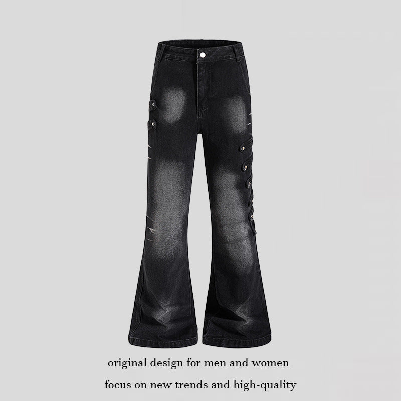 Damen Weite Jeanshose mit Used‑Effekt und seitlichen Zierknopfleisten Shop Nory