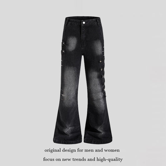Damen Weite Jeanshose mit Used‑Effekt und seitlichen Zierknopfleisten Shop Nory
