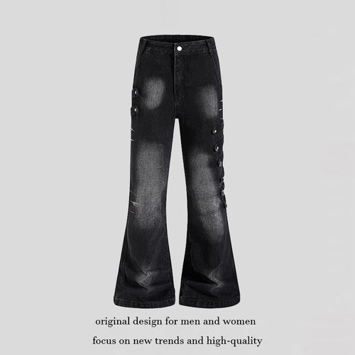 Damen Weite Jeanshose mit Used‑Effekt und seitlichen Zierknopfleisten Shop Nory