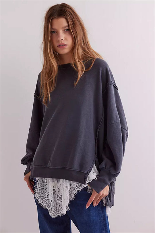 Damen oversized Sweatshirt mit Ballonärmeln, offenen Saumnähten und seitlichen Schlitzen Shop Nory