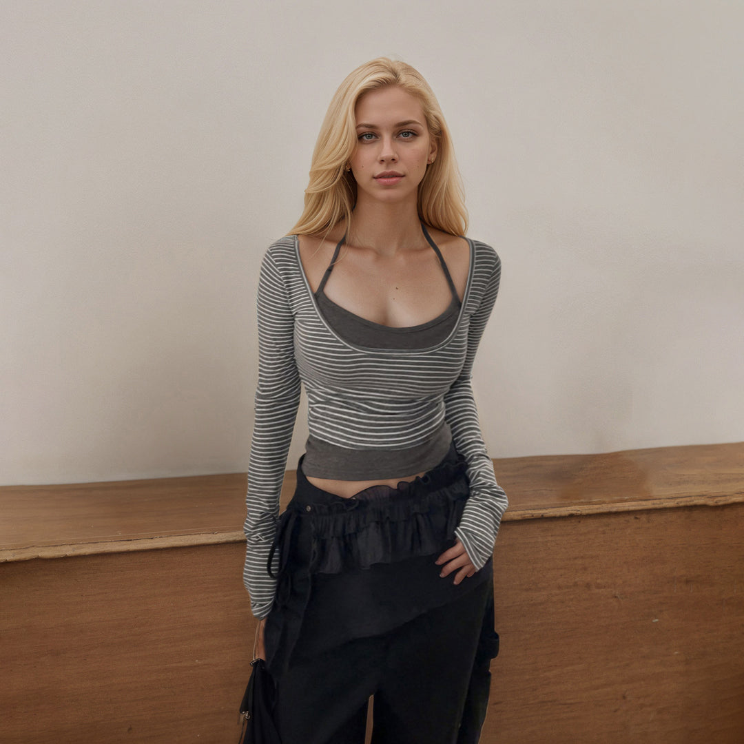 Damen nan gerafftes Layering-Cropped-Top mit integriertem Bustier und feinem Streifenstrick Shop Nory