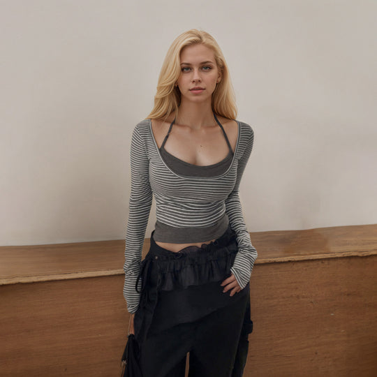 Damen nan gerafftes Layering-Cropped-Top mit integriertem Bustier und feinem Streifenstrick Shop Nory