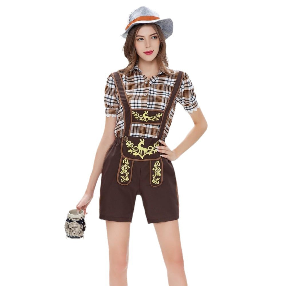Damen nan Trachten-Shorts mit besticktem Latz, verstellbaren Trägern und karierter Bluse Shop Nory