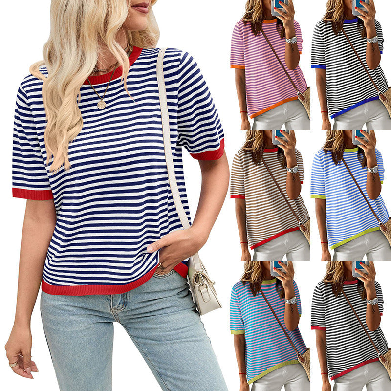 Damen bequeme gestreifte Freizeitbluse mit Kontrastkragen Shopnory