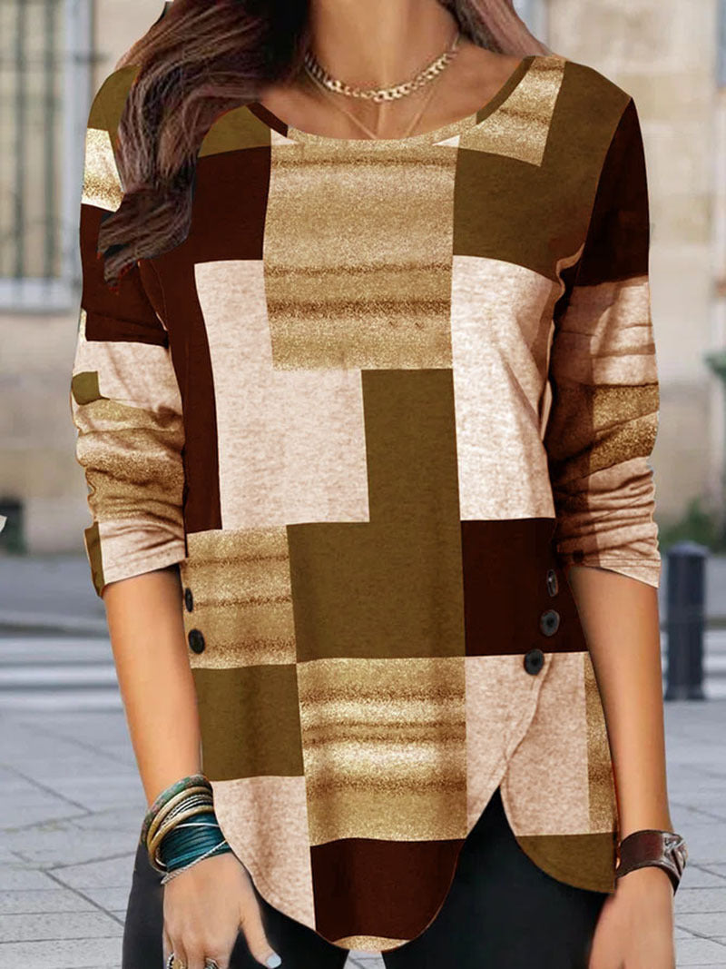 Damen gemustertes Langarm-Tunika-Shirt mit asymmetrischem Saum und dekorativer Knopfleiste Shop Nory