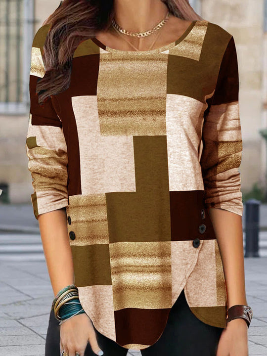 Damen gemustertes Langarm-Tunika-Shirt mit asymmetrischem Saum und dekorativer Knopfleiste Shop Nory
