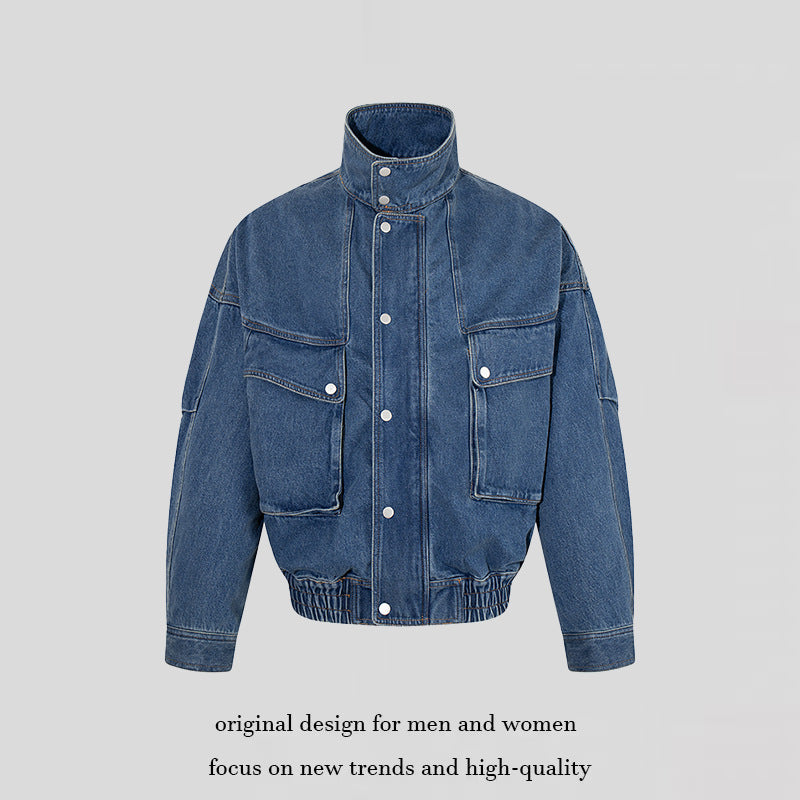 Damen Oversize-Jeansjacke mit Stehkragen, Druckknopfleiste und aufgesetzten Cargo-Taschen Shop Nory