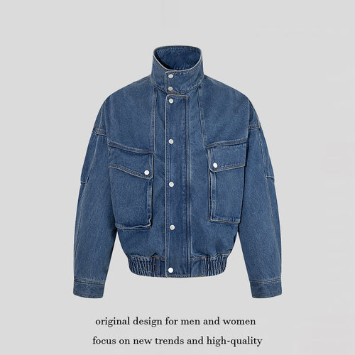 Damen Oversize-Jeansjacke mit Stehkragen, Druckknopfleiste und aufgesetzten Cargo-Taschen Shop Nory