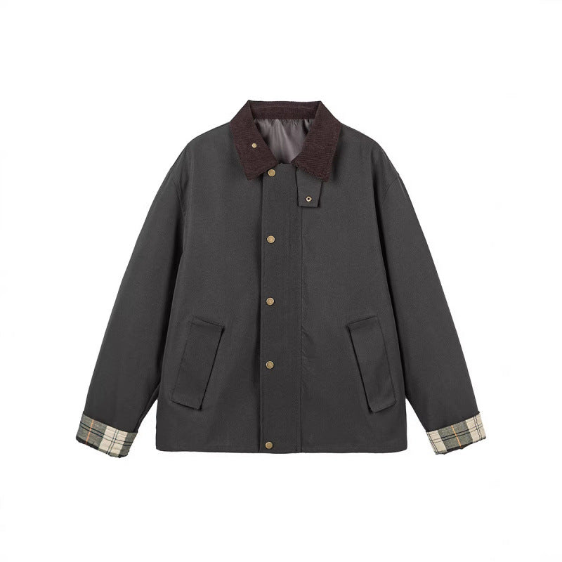 Herren Kurze Boxy-Workerjacke aus robustem Canvas mit Cordkragen und verdeckter Druckknopfleiste Shop Nory