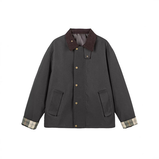 Herren Kurze Boxy-Workerjacke aus robustem Canvas mit Cordkragen und verdeckter Druckknopfleiste Shop Nory