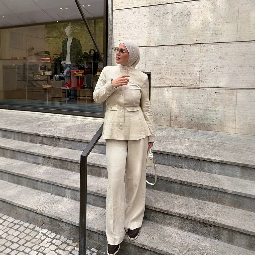 Damen Taillierter Leinenblazer mit Stehkragen und schwingendem Schößchen Shop Nory